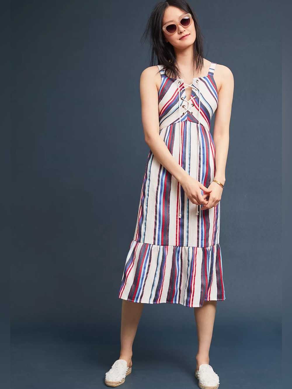 NWT Anthropologie Americana Stripes Midi Dress L Lace Up 4th July Red White Blue